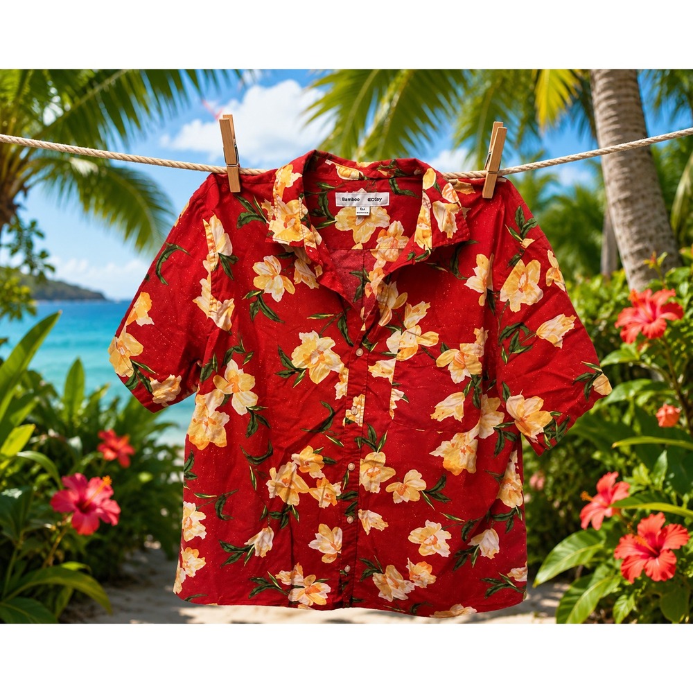 OId Navy Men's XXL Red Floral Hawaiian Shirt Tropical Button Up Cotton